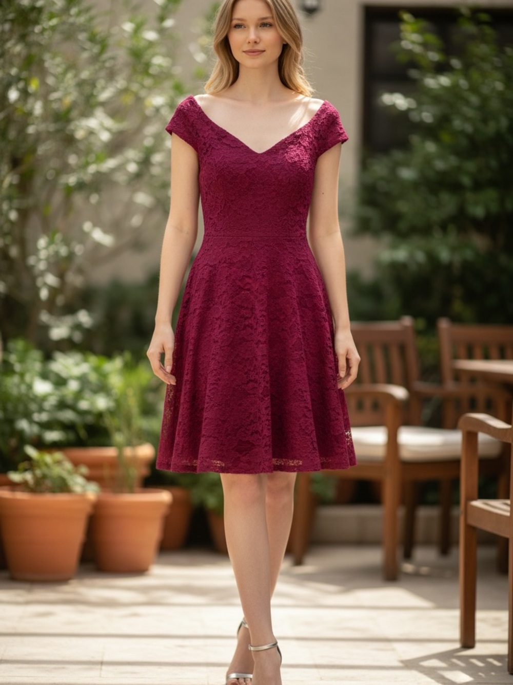 DKNY Burgundy Lace Midi Dress with V-Neck